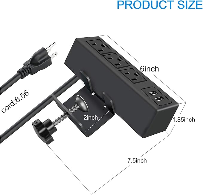 CCCEI 3 Outlet Desk Clamp Power Strip with USB Ports, Desktop Power Strip Surge Protector 1200J. Table Mount Charging Power Station, on Edge Power Outlet 125V 12A 1500W.