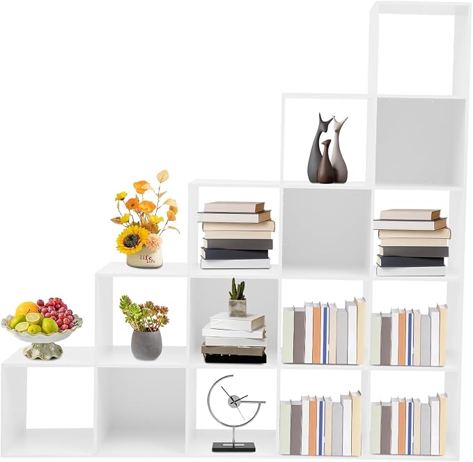 Ladder Cube Storage Bookcase, Desktop Drawers Cabinet, 15-Compartment L-Shaped Organizer, Corner Shelf, Free Standing, for Bedroom Living Room Study Office, Books Toys Decor
