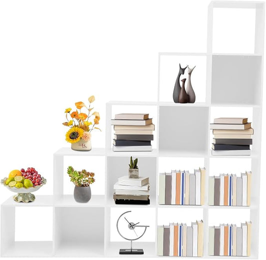 Ladder Cube Storage Bookcase, Desktop Drawers Cabinet, 15-Compartment L-Shaped Organizer, Corner Shelf, Free Standing, for Bedroom Living Room Study Office, Books Toys Decor