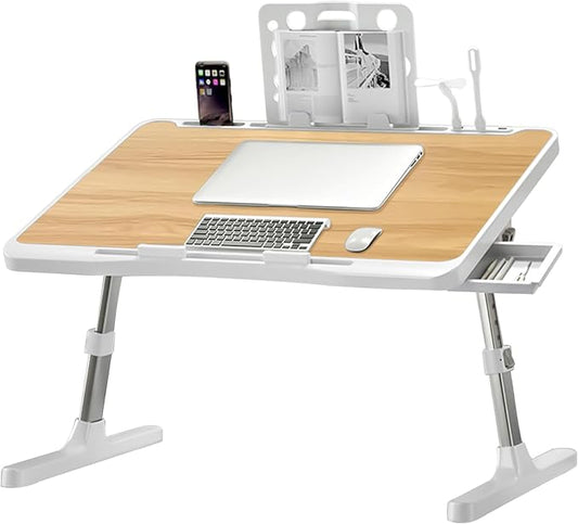 Extra Large 23 Inch Adjustable Laptop Desk for Bed with USB Charging Port, Foldable Bed Table with Storage Drawer, Portable Laptop Bed Desk Tray for Working, Writing, Reading & Eating (Yellow)