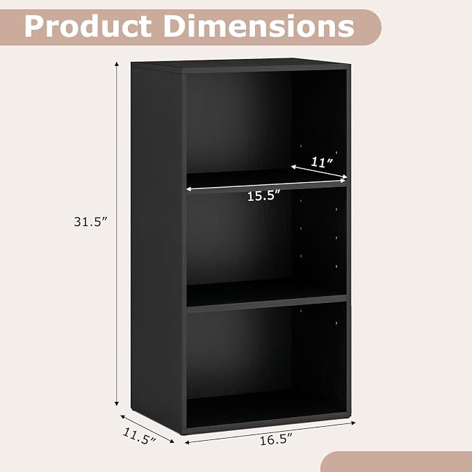3 Shelf Bookshelf, 31.5” Small Bookcase with 2 Adjustable Shelves, Wooden Bookshelves and Bookcases, Modern Display Shelf, 3 Cube Storage Organizer for Home Office Bedroom (Black)
