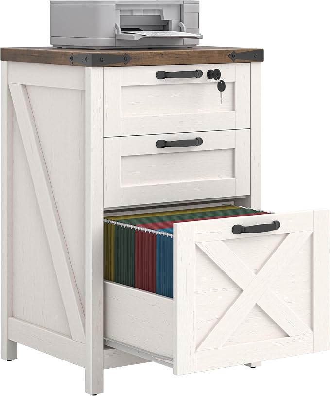 Halitaa 3 Drawer Small File Cabinet with Lock, Farmhouse Vertical Filing Cabinet Fits Letter and A4 Size, Under Desk Wooden File Cabinets for Home Office, Printer Stand, Rustic White