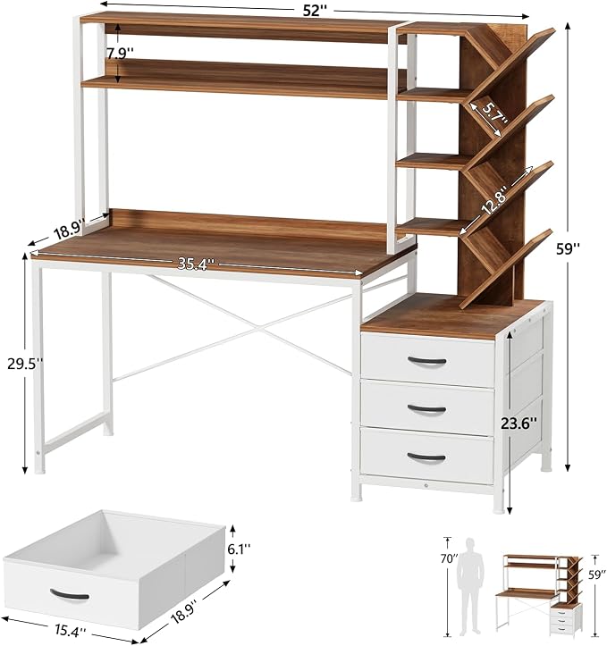 YOMILUVE Reversible Computer Desk with Hutch, Home Office Desk with Drawers and Bookshelf, 52'' Study Writing Desk with Storage Shelves for Bedroom Home Office, Brown and White
