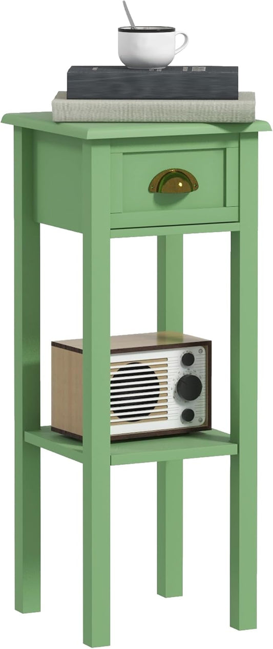 HOMCOM Narrow End Table with Drawer and Bottom Shelf, Slim Side Table for Small Spaces, Skinny Modern Accent Desk for Living Room, Set of 1, Green