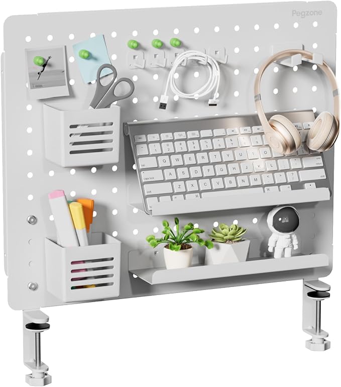 PEGZONE Clamp-on Desk Pegboard, Desk Organizer for Office Gaming Home, Magnetic Metal Peg Board with 15 Accessories, Privacy Panel, 20.4" x 16.5", Large, White