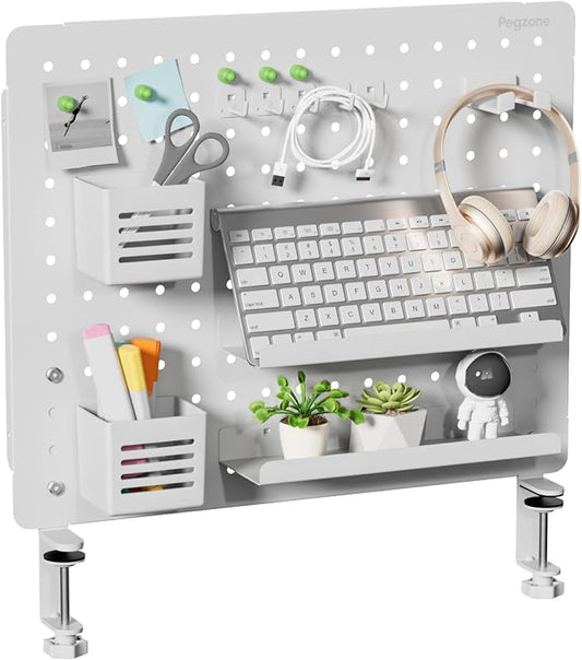PEGZONE Clamp-on Desk Pegboard, Desk Organizer for Office Gaming Home, Magnetic Metal Peg Board with 15 Accessories, Privacy Panel, 20.4" x 16.5", Large, White