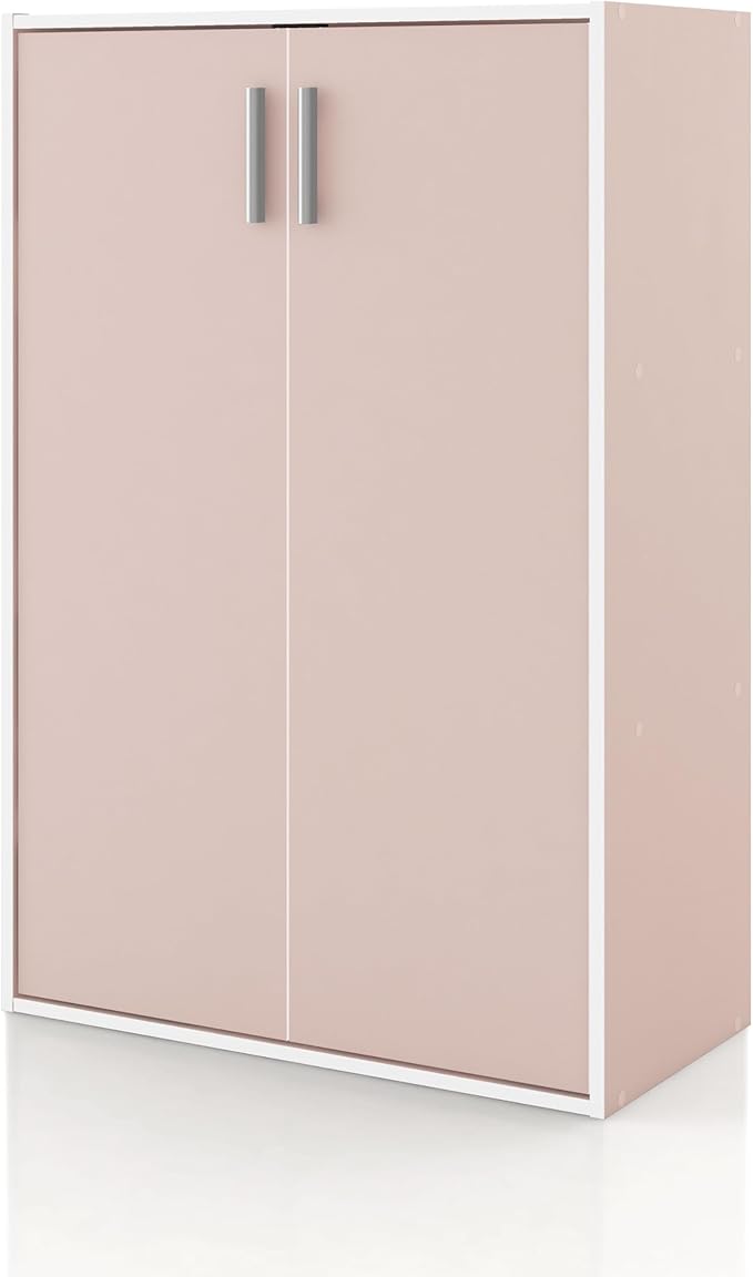 Homes: Inside + Out Apexa 3-Tier Stackable Wood Bookcase with Doors, Cube Storage Organizer Shelves, Small Food Pantry Cabinet, Dorm Teen Room Decor & Bedroom, Home Office, Kitchen, Light Pink