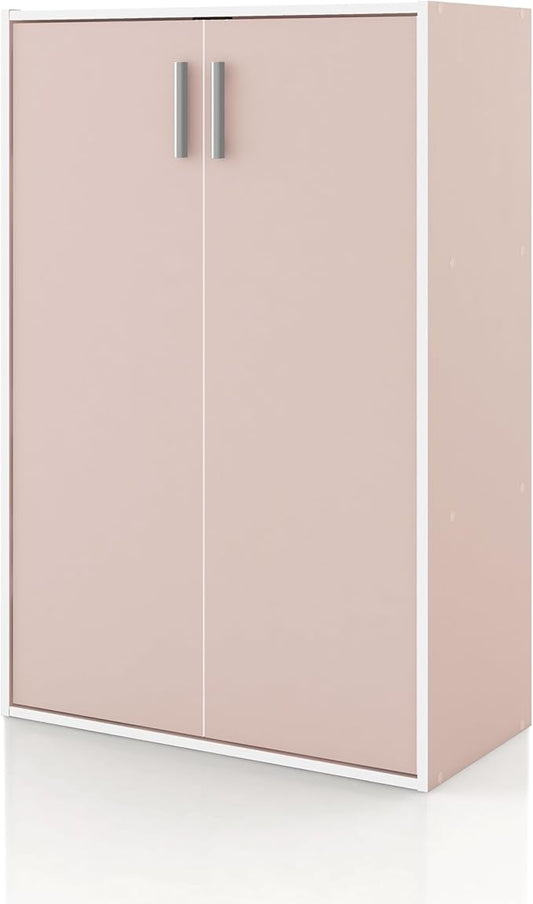 Homes: Inside + Out Apexa 3-Tier Stackable Wood Bookcase with Doors, Cube Storage Organizer Shelves, Small Food Pantry Cabinet, Dorm Teen Room Decor & Bedroom, Home Office, Kitchen, Light Pink