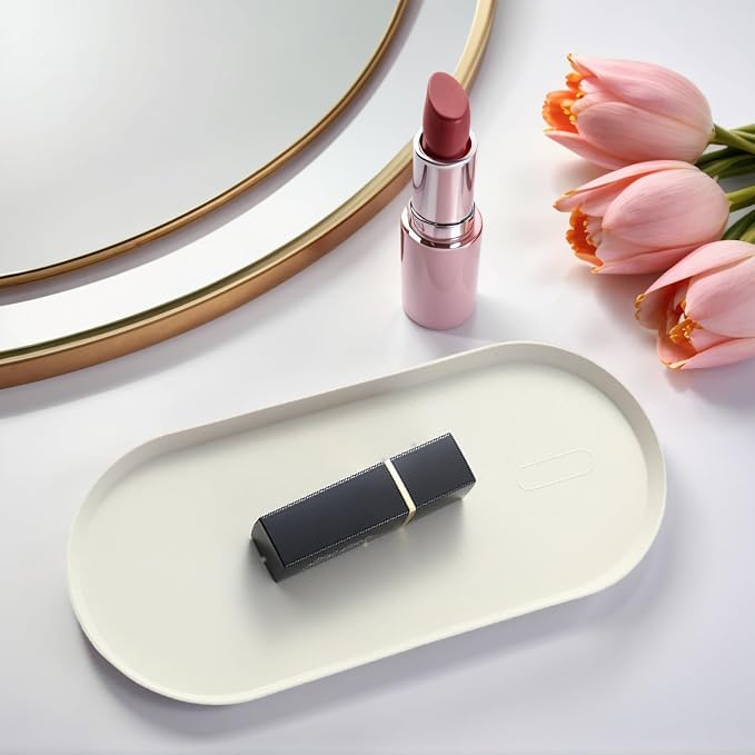 White Silicone Vanity Tray, 8.66x3.94 Inch Oval Food-Grade Counter Organizer, Dishwasher Safe Scratch-Proof Storage Tray for Jewelry Makeup Bathroom Desk