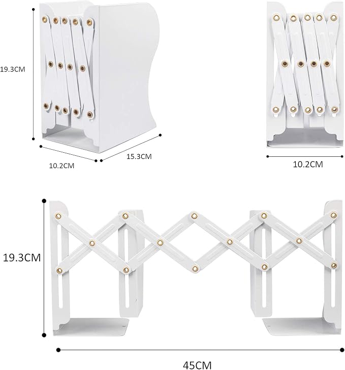 Aobopar Adjustable Book Ends, Metal Bookends for Heavy Books, Desk Book Holder for Shelves, Book Organizer for Desk, Suitable for Office, Home and School Use (White)