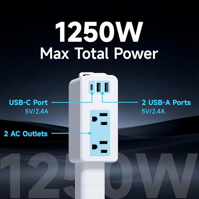 Electrical Outlet Extender Stick -Modular Expandable Wall Outlet Extender with 2 AC Outlets and 3 USB Ports (2 USB-A+1 USB-C)，Adjustable Length for Behind Sofa Behind Furniture Nightstand Desk