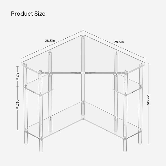 Eglaf Acrylic Triangle Corner Desk, 90-Degrees, Clear Desk with Storage | 28.5 x 28.5 inches, Home Office Desk for Small Space, Easy Assembly