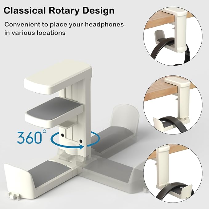 Headphone Hook - Adjustable Clamp-on Headphone Holder, Under Desk Gaming Headset Holder Mount Hook with Rotating Clamp (White_2 Pack)