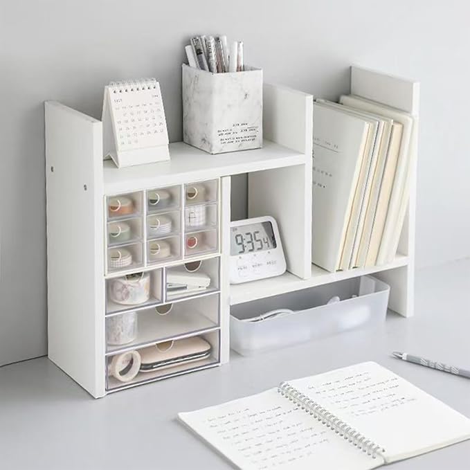Desktop Shelf Organizer, Adjustable Wood Office Storage Rack, Counter Display Small Bookshelf for Home/Office/School(White)
