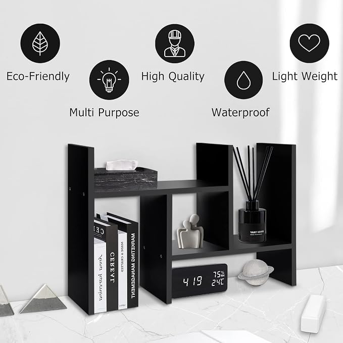 MASAKA B&W - Desk Organizer Aesthetic Shelf, Desktop Bookshelf, Double H Plants Display Shelf, Storage Rack Adjustable Stackable for Office Home Dorm - Perfect for Books, Plants & Decor (Black)