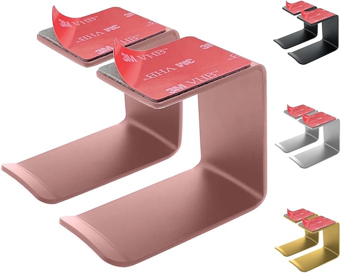 Aluminum Under-Desk Headphone Hook 2 Pack, with Strong Adhesive VHB Tape, Holds 5 lbs (Pink)
