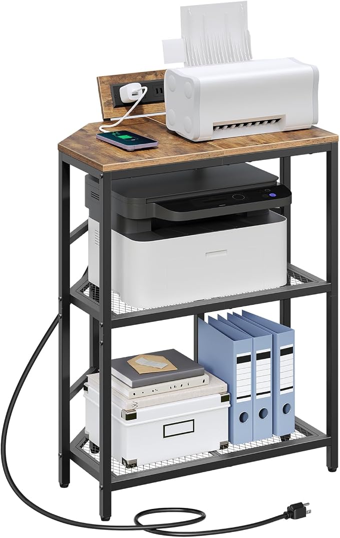 MAHANCRIS Corner Printer Stand with Charging Station, 3-Tier Large Printer Table with Adjustable Feet, Metal Frame Storage Shelf for Office, Living Room, Small Space, Rustic Brown PTHR14E01