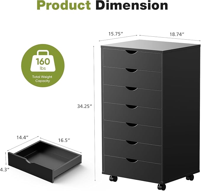7 Drawer File Cabinet, Under Desk Storage Drawers with Wheels, Mobile Filing Chest for Small Desk Printer Stand for Home Office, Black