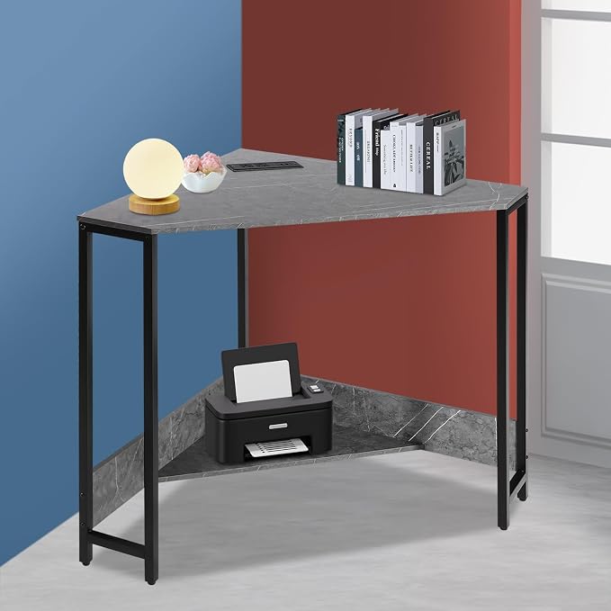 Corner Computer Desk, 26.77 Inch Triangle Small Space Desk with Outlets and Power Cord, Modern Writing Workstation, Corner Storage Table for Office, Home, Design Studio, Study Room (Gray)