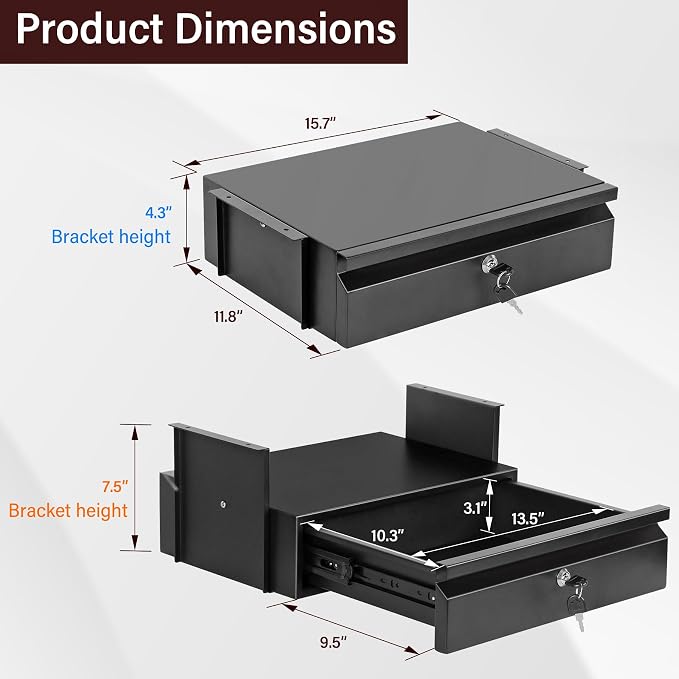 Under Desk Drawer 15.7" x 11.8" x 4.3" | Under Desk Pull Out Drawer with Lock and Keys, 4.3” & 7.5” Optional Bracket Height, Storage Organizer for Workbench