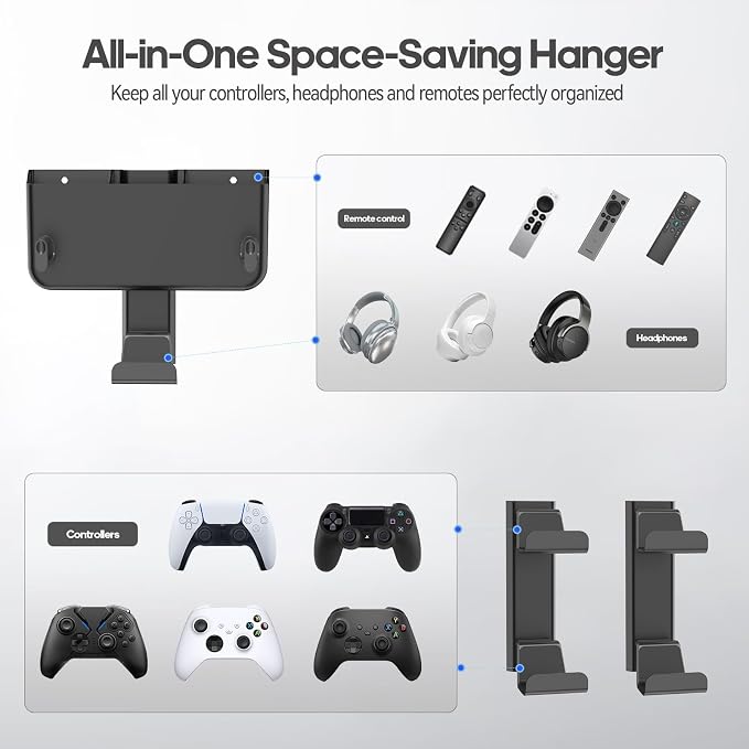 Controller & Headset & Remote Holder Wall Mount with No Drill, 2 Packs Gaming 4 Controllers Hanger Hook Mount for PS5/PS4/XBOX/Switch, Headphone Stand & Remote Control Holer Wall Shelf with Adhesives