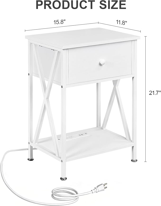 VECELO End Table with Charging Station, Night Stand with Drawers, 2-Tier Bedside Tables with USB Ports & Outlets, Side Table with Storage Shelf for Living Room/Bedroom, White