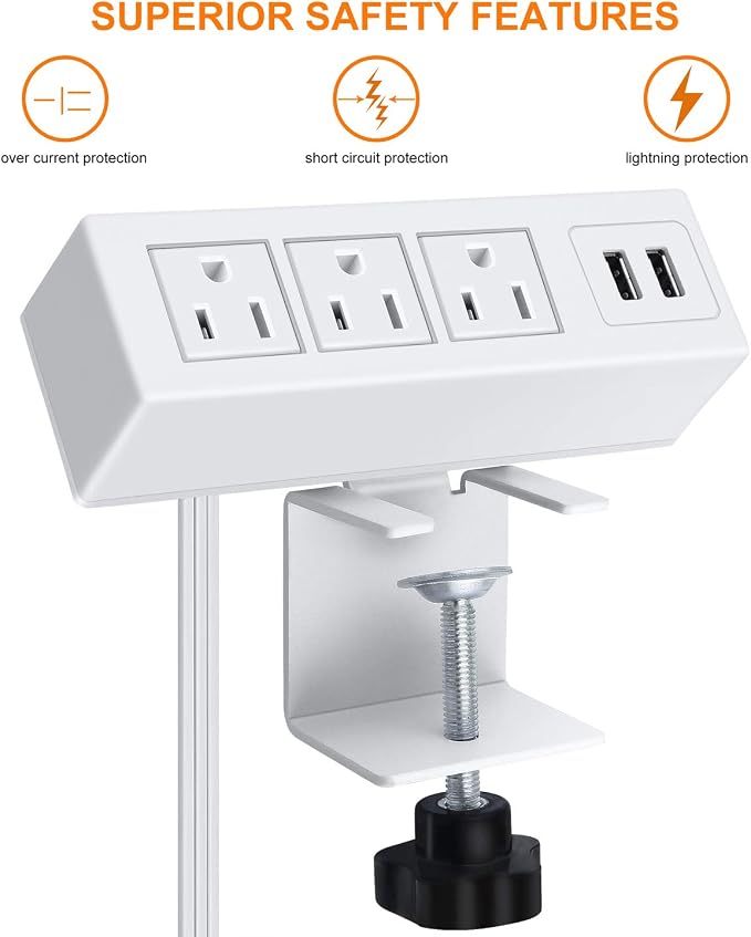 3 Outlet Desk Clamp Power Strip With USB Ports, White Desktop Surge Protector 1200J. Mount Charging Power Station, Edge Power Outlet 125V 12A 1500W