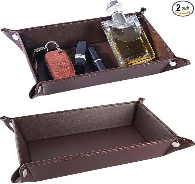 Valet Tray for Men Women 2 Pack - PU Leather Travel Catchall Tray Organizer - Desk Bedside Nightstand Storage Box for Jewelry Key Phone Remote Controller Wallet Watch Glasses -Rectangle