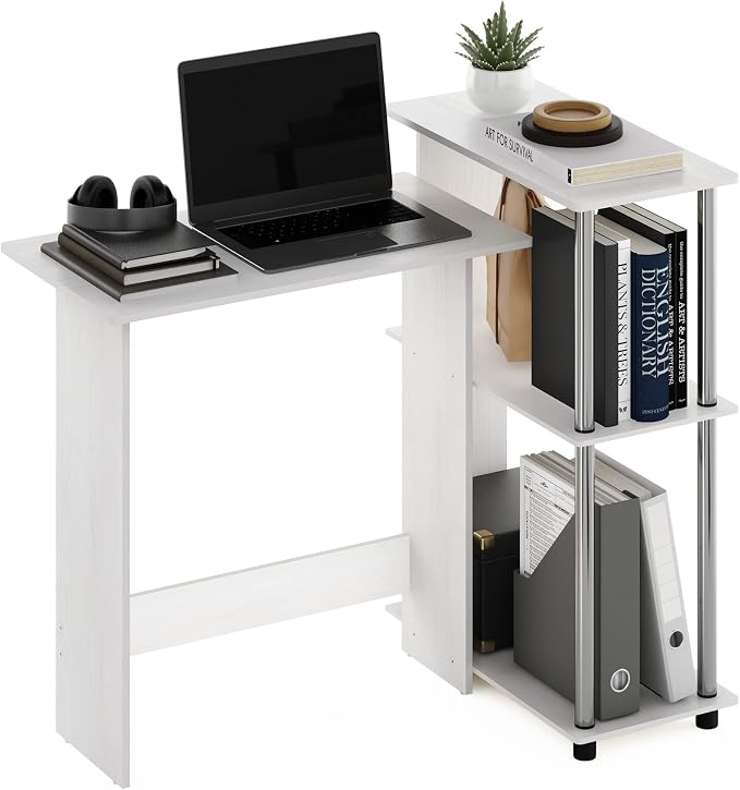 Furinno Abbott Corner Computer Desk with Bookshelf, White Oak/Chrome