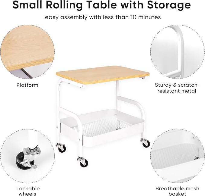 Under Desk Printer Stand with Storage 2 Tier Rolling Printer Cart with Wheels, Mobile Short Under Shelf Storage Small RollingTable Cart for Home and Office, White