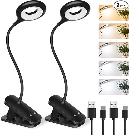 CUHIOY 2Pack Clip on Reading Light, 5 Colors 5 Brightness Bed Light for Headboard, Battery Rechargeable Flexible Neck Desk Lamp with Strong Clamp, Eye Protect LED Night Light for Kids Bunk Bed（Black）