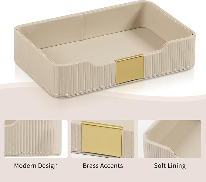 Valet Tray Desktop Storage Organizer, PU Leather Catchall Bedside Vanity Tray with Brass Accents Block Nightstand Organizer for Keys Watch Wallet Phone, Decorative Nightstand Storage (Beige)