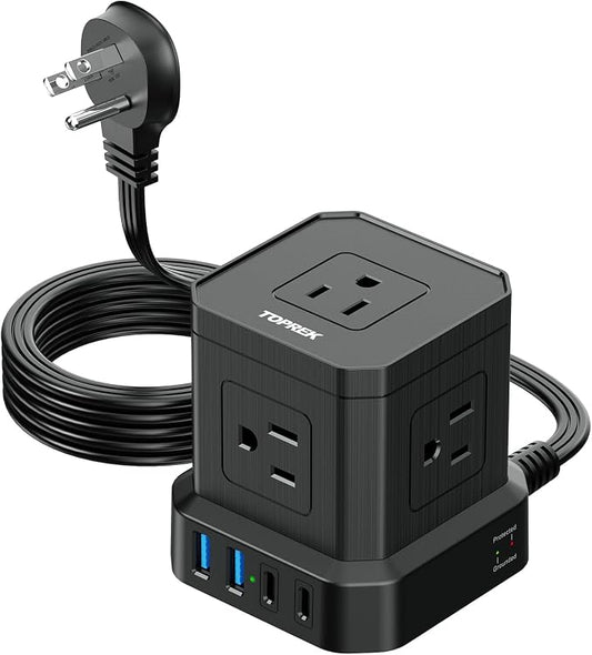 Power Strip with USB, USB C (3.0A) Power Strip with 5 Outlets, 2 USB-C & 2 USB-A, 5 FT Flat Extension Cord with Ultra Thin Flat Plug, Surge Protector Compact for Home Office, Dorm, Hotel Travel