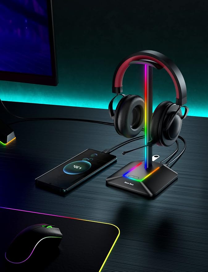 New Bee Headphone Stand with RGB Lighting, Sturdy Aluminum Gaming Headset Holder with USB-C & USB Charging Ports, Stable Desktop Earphone Stand for All Headphones Size, Black
