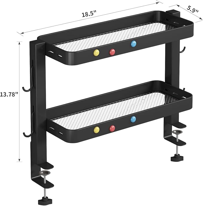 Clamp-On Desk Shelf Organizer, Adjustable 2-Tier Metal Desk Side Storage Rack with 4 Hooks, Space-Saving Desktop Caddy for Home Office, Stationery & Office Supplies (Black)
