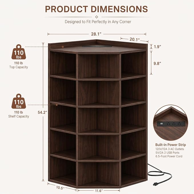 Aheaplus 6-Tier Corner Cube Bookshelf with Power Outlets, Wooden Corner Storage Cabinet with 15 Cubes, Corner Cube Organizer Shelf with Top Table, L Shaped Cubby Bookcase for Home Office, Black Walnut