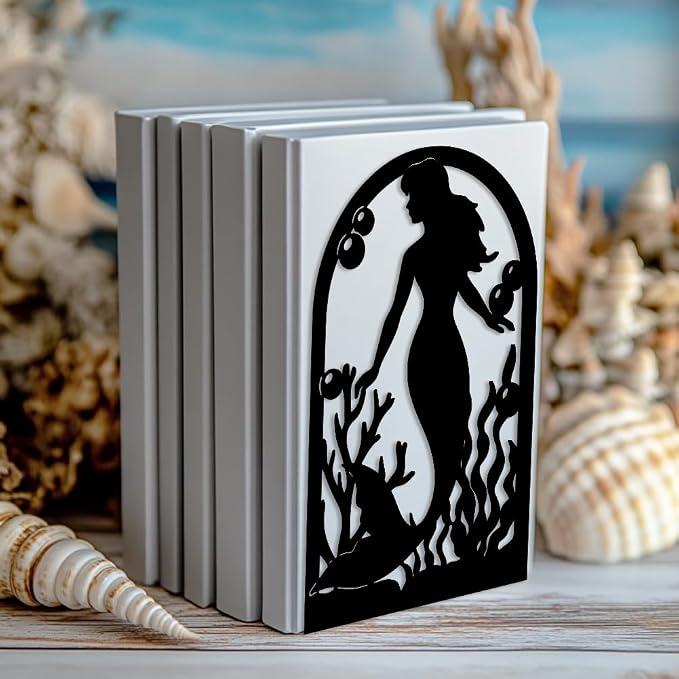 Peacoblue Metal Bookends for Shelves, Modern Decorative Heavy Duty Study Book Support Stoppers for Office, Desk, Shelf, Room 5.3"x4.3"x7.9" Cast Iron Simple Tall Bookends, 1 Pair (Mermaid)