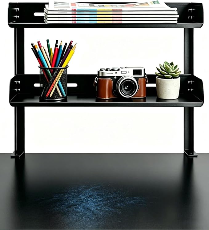 Yuxh Desk Clamp Shelf 16 Inch, Black | Space-saving, clip on or under shelf for panel tabletop, office, easy drill-free assembly, single-tier tray fits A4 paper