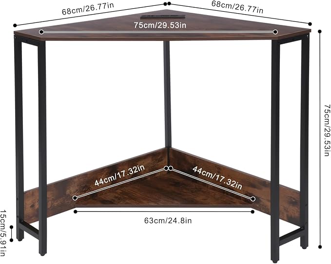 Corner Desk with Outlets and USB Ports, 26.77x26.77x29.53in Triangle Desk with Storage for Home Office, Workstation, Living Room, Bedroom, Small Space (Brown)