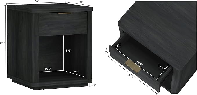 Manhattan Comfort Evelyn Nightstand with Drawer and Open Shelf, Modern Minimalist Side End Table with Raised Base and Storage, Easy Assembly for Bedroom, Dorms & Living Room in Charcoal Grey