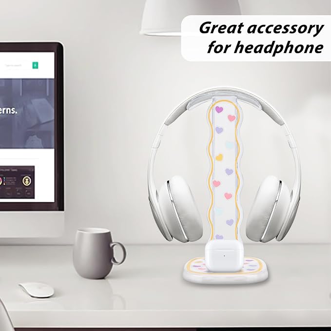 CamyCosy Headphone Holder for Desk, Gaming Headset & Earphone Stand - Clear Love Hearts Pattern Desk Accessory