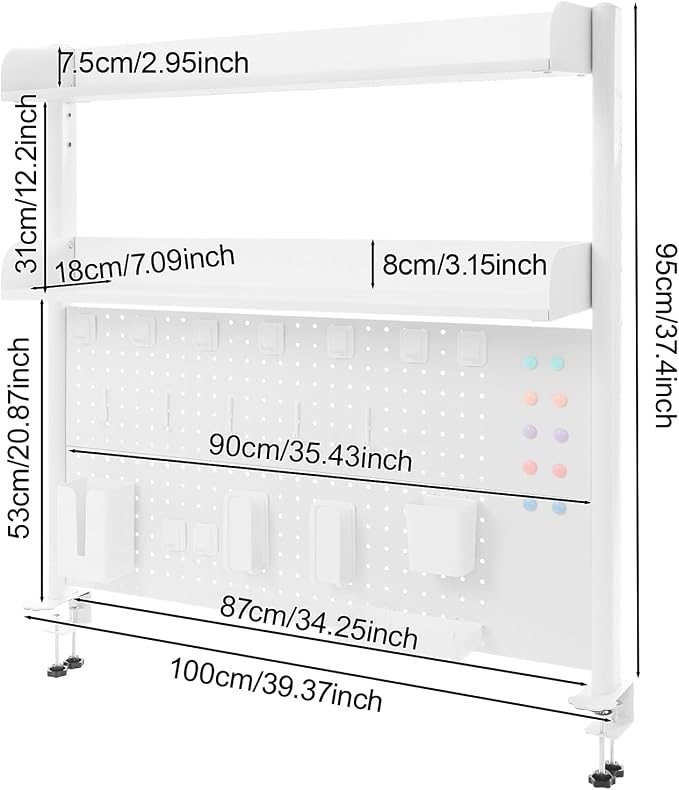 Clamp on Desk Pegboard, 39.4" W x 37.4" H Desk Extender Pegboard Bookshelf Computer Desk Accessories with Shelf for Tool Organizer Office, Privacy Panel for Gaming Desk, White