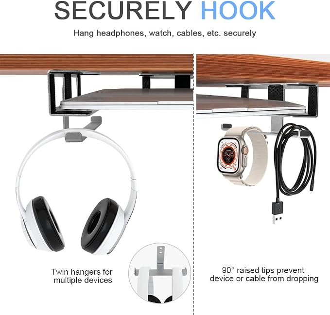 IFCASE Under Desk Laptop Mount & Headphone Holder with Adhesive & Screw, Hard Aluminum Under Table Desk Holder for Laptop, Mac mini, MacBook Pro (Silver)