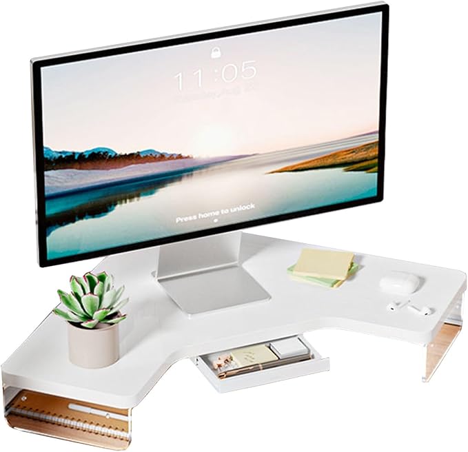 Corner Monitor Stand Clear Acrylic Leg ＆ Wood Corner Screen Stand, L-Shape Desk Triangle Riser for Monitor/Laptop/Computer, Corner Organizer with Drawer (Color : White), 36655