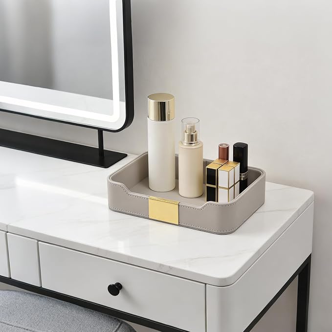 Luxury Leather Valet Tray Desktop Storage Organizer,Bedside Vanity Catchall Tray Nightstand Caddy Holder for Cosmetic,Jewelry,Watch,Keys,Phone,Wallet,Remote Controller,Pen,Gray