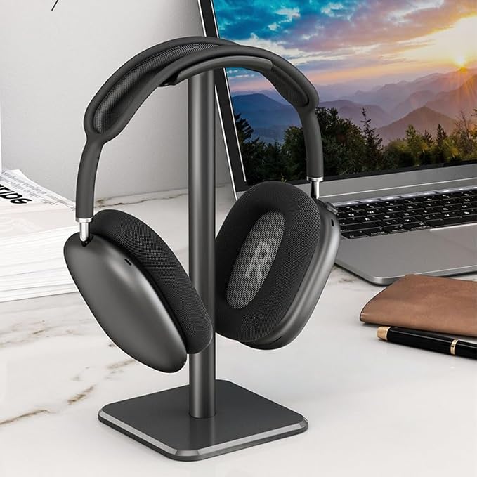 Headphone Stand with Anti-Slip Base & TPU Tray – Aluminum Alloy Holder for Gaming Headsets, Universal Fit Home Office Desk Organizer(Black)