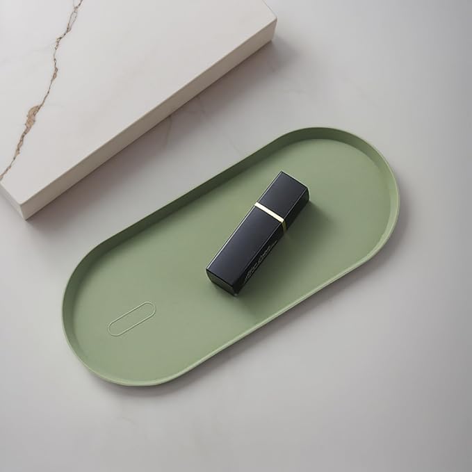 Green Silicone Vanity Tray, 8.66x3.94 Inch Oval Food-Grade Counter Organizer, Dishwasher Safe Scratch-Proof Storage Tray for Jewelry Makeup Bathroom Desk