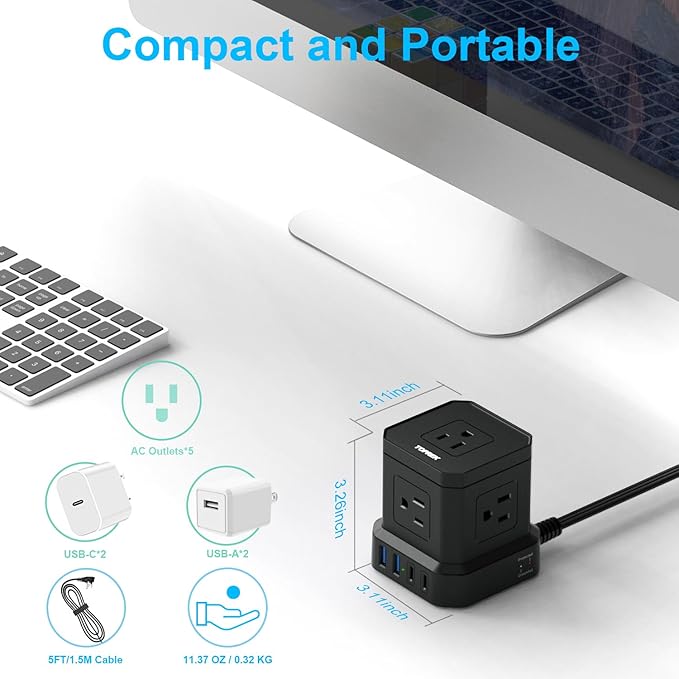 Power Strip with USB, USB C (3.0A) Power Strip with 5 Outlets, 2 USB-C & 2 USB-A, 5 FT Flat Extension Cord with Ultra Thin Flat Plug, Surge Protector Compact for Home Office, Dorm, Hotel Travel