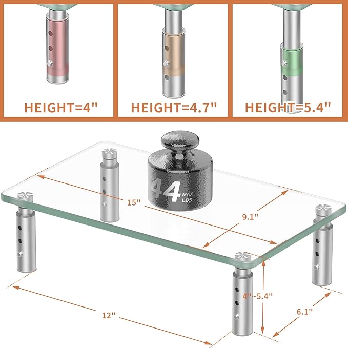Hemudu 2 Pack Monitor Stand - 3 Adjustable Height Riser, Computer Stand, Desktop Organizer for PC, Laptop - Clear