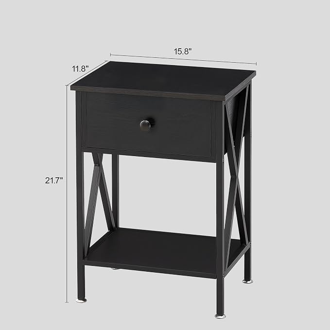 VECELO Night Stand with Drawer, 2 Tiers Storage Shelves End Table, Small Side Table for Small Spaces,Night Stand for Living Room, Bedroom, Black